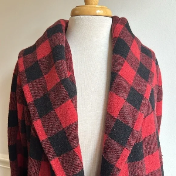 Anthropologie Field Flower Red Buffalo Plaid Cardigan Wrap Sweater Coat XS EUC - Picture 4 of 9